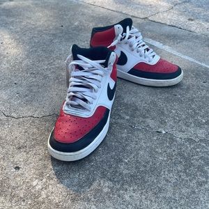 red, black, and white Nike